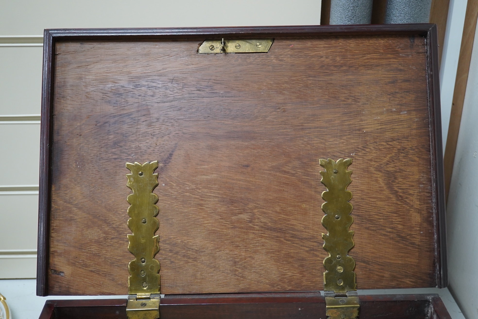 A late 18th century Indo-colonial brass mounted padouk wood casket, 43cm wide. Condition - good for age